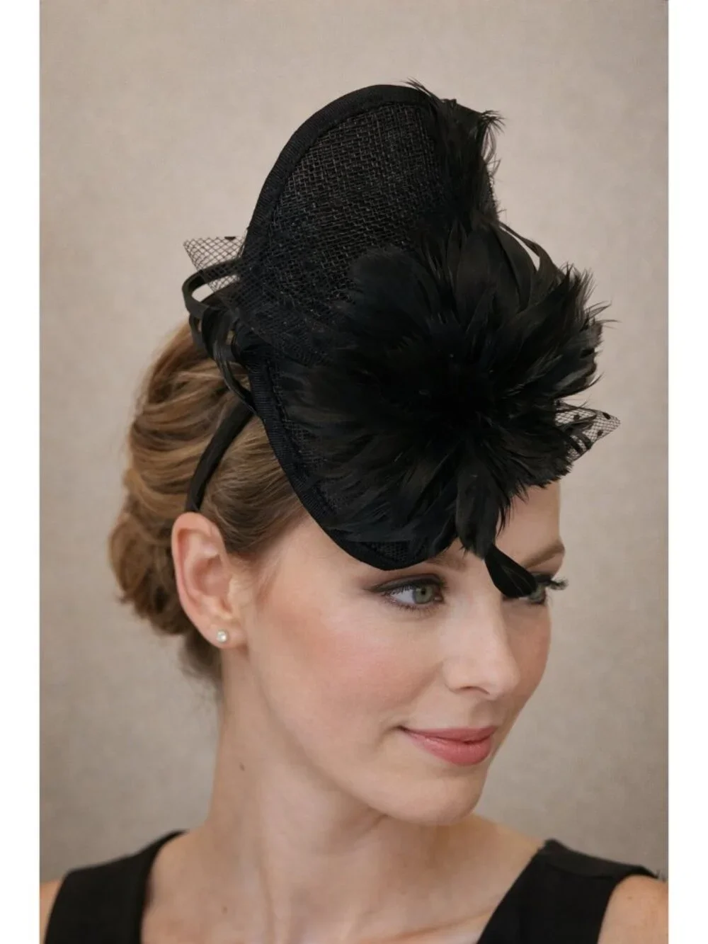Black Fascinator Hat Feather Mesh Headband Cocktail Wedding Hair Accessory
